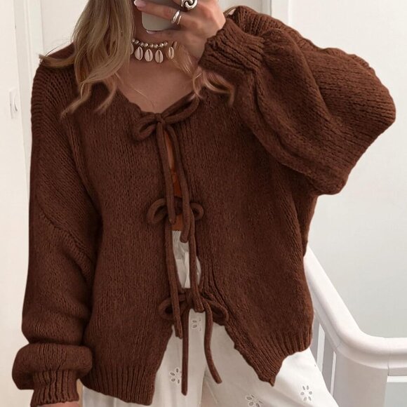 Women's Tie Front Bow Cardigan Sweaters Chunky Knit Long Puff Sleeve Trendy Fall - Picture 8 of 8
